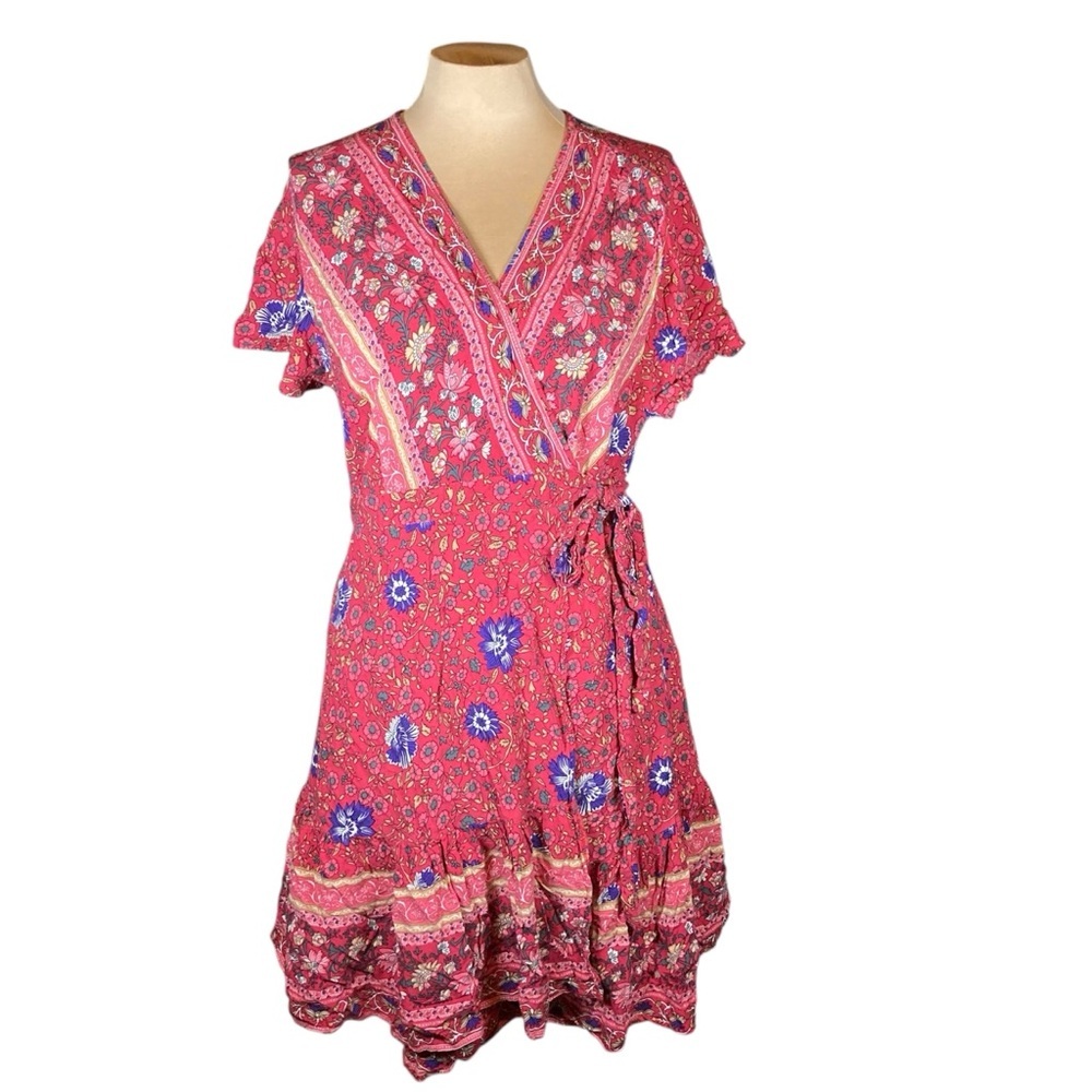 Zesica Floral Wrap Dress with Cap Flutter Sleeves in Red and Blue Floral Pattern